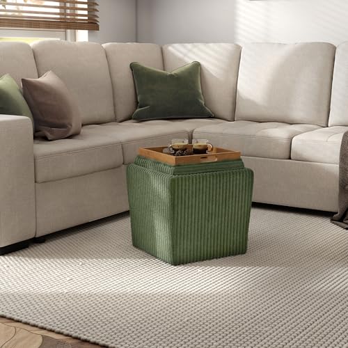Lennox Modern Chenille 17-inch Square Storage Ottoman with Reversible Tray Top, Upholstered Footstool for Living Room, Bedroom, Entryway, Green