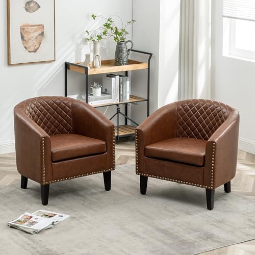 29" W Faux Leather Barrel Chairs Set of 2, Modern PU Upholstered Tufted Club Chairs with Nailhead Trim, Small Armchairs Accent Chairs for Living Room Bedroom Apartment Lounge Nursery, Brown