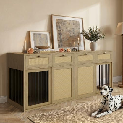 2-Piece Double Dog Crate Furniture, 80 Inch, Light Oak, view 3