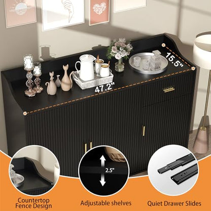 Sideboard Buffet Cabinet with Drawers: 47" Black Fluted Sideboard Cabinet with Storage, Modern Kitchen Cabinets Storage, Credenzas for Living Room (47")