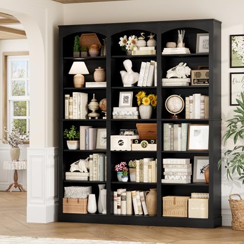 71" Triple Wide Bookshelf, 6 Tier Large Arch Black Bookcase, view 5
