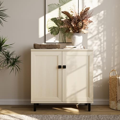 Multifunctional Buffet Sideboard Cabinet Farmhouse Modern Storage Cabinet with Adjustable Shelves for Kitchen, Coffee Bar, Living Room, Beige