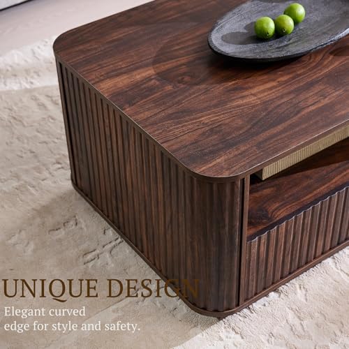 51" Fluted Coffee Table with Storage, Large Modern Center Table with 2 Drawers, Rectangle Wood Coffee Table for Living Room, Dark Walnut