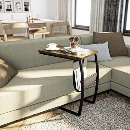 Side Table End Table, Vintage C Shaped Couch Table with Side Pocket for Sofa Laptop Coffee Snack, Walnut