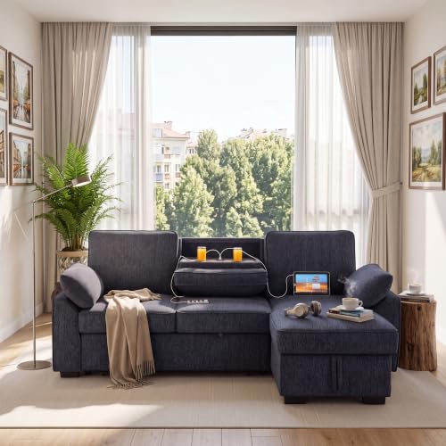 Modern Chenille Sofa Bed with Storage and Charging Ports, view 2