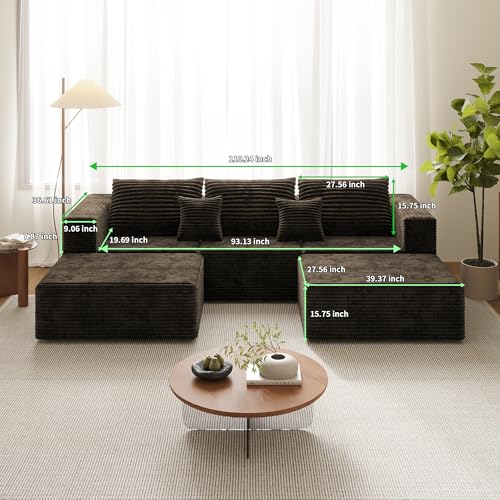 110" U Shaped Sectional Sofa with 2 Ottomans, Modular Corduroy Boneless Cloud Couch, Oversized Deep Seat Sofa for Living Room, Flexible Combination Design, No Assembly Required
