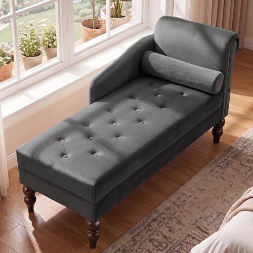 Chaise Lounge Chair Indoor with Right Armrest, Velvet, Grey, view 2