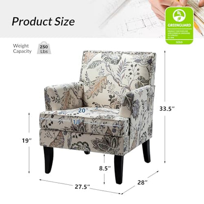 Modern Accent Chair, Printed Armchair, Orange Grey | Solid Wood Legs & Padded Cushion, Classic Rivet Decoration Design, Upholstered Floral Arm Chair for Living Room Bedroom
