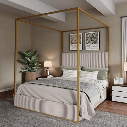 Luxury Queen Metal Canopy Bed with Tall Upholstered Headboard, Beige, view 2