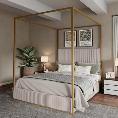 Luxury Queen Metal Canopy Bed with Tall Upholstered Headboard, Beige, view 2