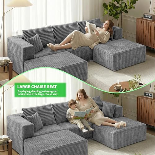 110" U Shaped Sectional Sofa with 2 Ottomans, Modular Corduroy Boneless Cloud Couch, Oversized Deep Seat Sofa for Living Room, Flexible Combination Design, No Assembly Required