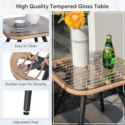 3 Piece Patio Bistro Set, Outdoor Wicker Conversation Chair Sets Balcony Furniture,Coffee Table with Glass Top, Cushions & Lumbar Pillows for Porch, Backyard, Deck, Poolside