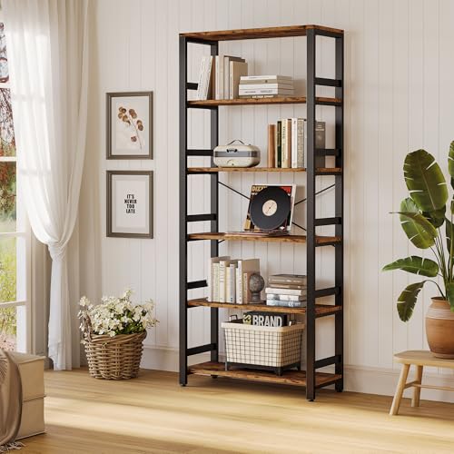 Bookshelf, 31.5in Wide Shelf 6 Tier Bookcase, 110lbs/shelf Vintage Industrial Style Bookshelves for Bedroom, Living Room and Home Office, Vintage Brown