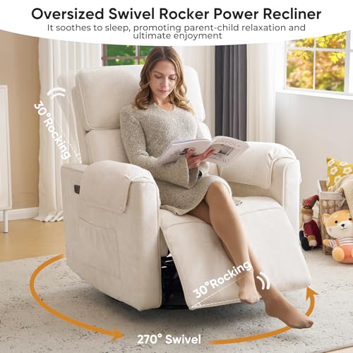 Oversized Power Rocker Recliner Chair, 24" Extra Wide Swivel Recliner with Adjustable Headrest, Chenille Glider Rocking Nursery Chair with Overstuffed Armrest, USB Ports, Cream