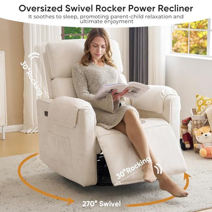 Oversized Power Rocker Recliner Chair, 24" Extra Wide Swivel Recliner with Adjustable Headrest, Chenille Glider Rocking Nursery Chair with Overstuffed Armrest, USB Ports, Cream