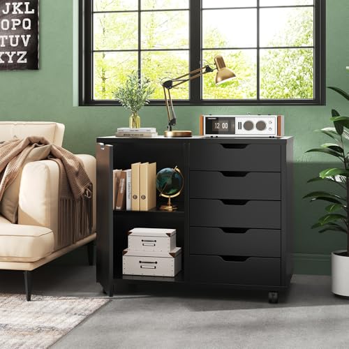5 Drawer File Cabinet Office Drawers Organizer with Wheels Rolling, Under Desk Cabinets with Shelves and Door Printer Stand with Wood Board Metal Frame for Home Office Storage Craft Room, Black