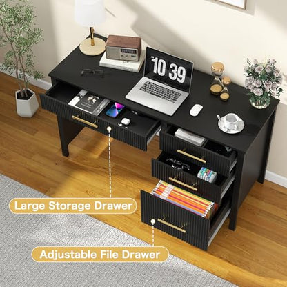 Executive Desk with Drawers: 54" Black Home Office Desks with File Drawer, view 6