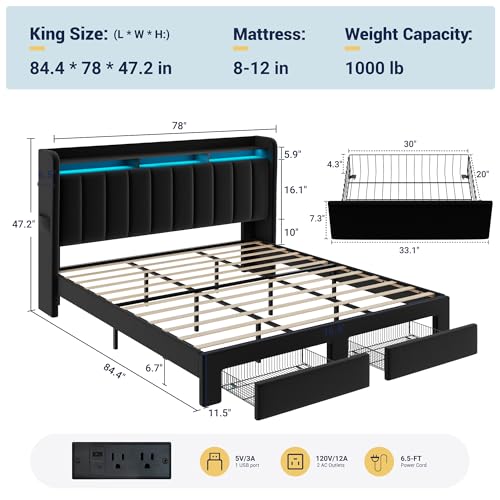 King Size Bed Frame with 2-Tier Storage Headboard & 2 Large Drawers, view 4