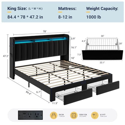 King Size Bed Frame with 2-Tier Storage Headboard & 2 Large Drawers, view 4