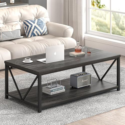 Industrial Coffee Table with Storage Shelf, Modern Rustic Wooden and Metal Rectangle Center Table for Living Room, Dark Gray, 47 Inch