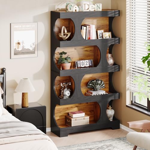 71" Tall Bookcase, 4-Tier S-Shaped Bookshelf, Wood Decorative Storage Shelving, view 4