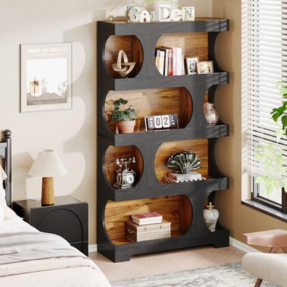 71" Tall Bookcase, 4-Tier S-Shaped Bookshelf, Wood Decorative Storage Shelving, view 4