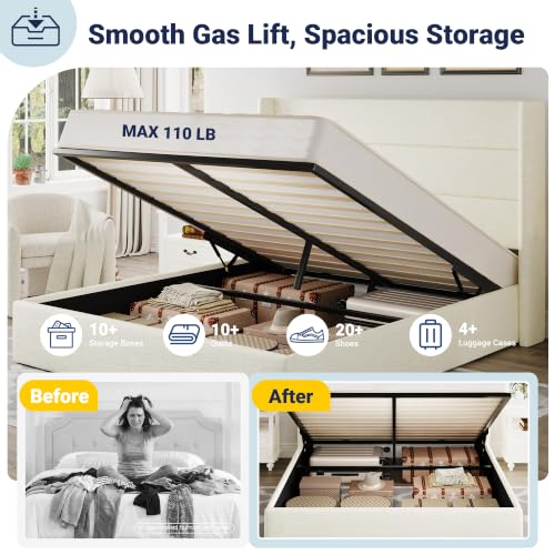 Queen Size Chenille Lift Up Hydraulic Storage Bed Frame Cream White, view 5