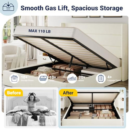 Queen Size Chenille Lift Up Hydraulic Storage Bed Frame Cream White, view 5