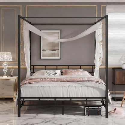 Queen Size Canopy Bed Frame with Heavy Duty Metal Slats, Black, view 4