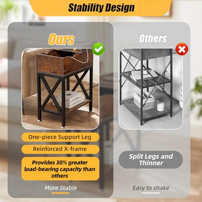 End Tables Living Room Set of 2, Side Table with Charging Station Flip Top, 11"D x 24"W x 23"H, Narrow Side Table with 5.3" Deep Drawer, Couch End Tables Set of 2, Steel X-Frame, Rustic Brown