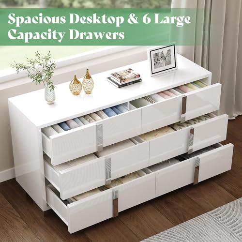 3 Piece Bedroom Set, Two 23.6" Nightstands & 6-Drawer Dresser, Silent Glide Drawers & Metal Handles, Modern High Gloss UV Finish, Dresser Set for Bedroom, White