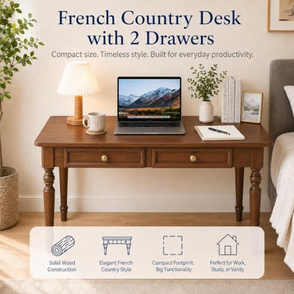 47" French Country Desk, Walnut Writing Desks with Drawers, view 7