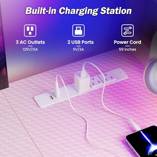 48 Inch Gaming Computer Desk with Led Lights, Small Desk with Storage Shelves and Drawers, Reversible Compact Gamer Table for Home Office, Carbon Fiber Pink