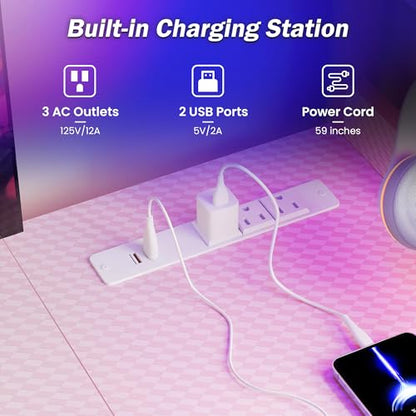 48 Inch Gaming Computer Desk with Led Lights, Small Desk with Storage Shelves and Drawers, Reversible Compact Gamer Table for Home Office, Carbon Fiber Pink