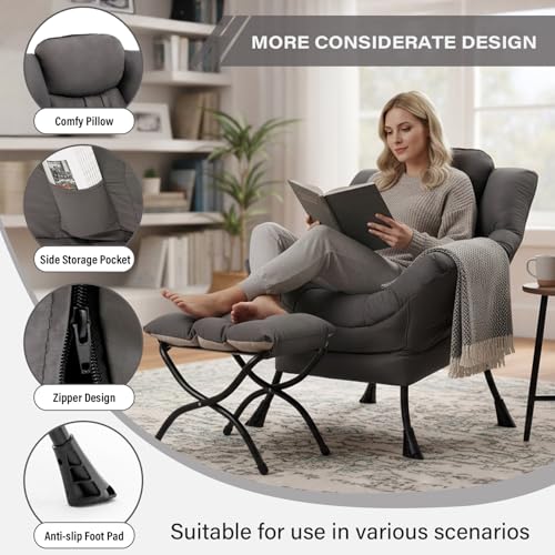Lazy Chair with Ottoman, Lounge Accent Arm Chair with Armrests, Side Pocket and Footrest, Leisure Upholstered Sofa Reading Chair with Footstool for Living Room Bedroom, Dark Grey