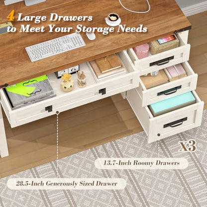 Farmhouse Executive Desk with Drawers, 47" Computer Desk with Power Outlets, Home Office Desk with Monitor Stand & 4 Drawers, Small Desk Writing Study Table, Antique White