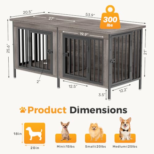 54" Double Dog Crate Furniture for 2 Dogs, Gray Wood Grain, view 7