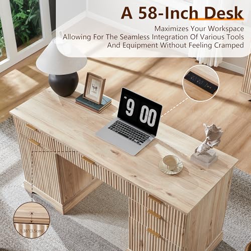 58" Modern Wood Executive Desk with 5 Drawers & 1 Cabinet, Built‑in Outlet, view 5