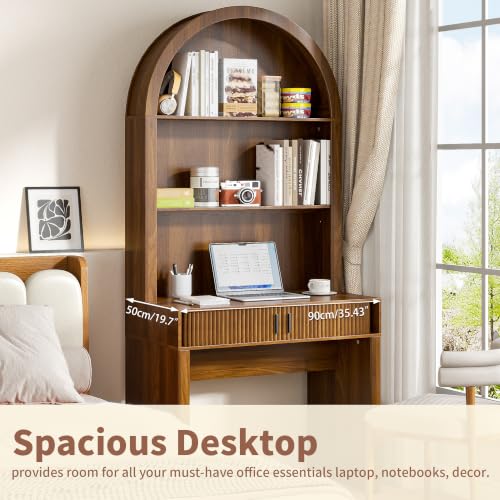 75'' Arched Computer Desk with Hutch, Home Office Desk, Walnut, view 5