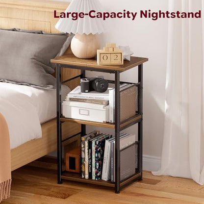 Record Player Stand, 3 Tiers Tall Side Table, Turntable Table with Vinyl Record Storage Up to 200 Albums, Rustic Brown