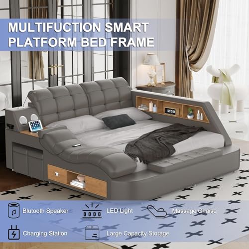 Luxury Grey Smart King Bed Frame with Massage Recliner, view 4