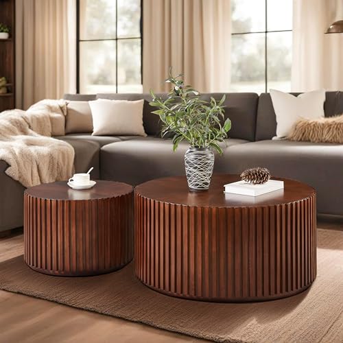 Round Wood Coffee Table Set of 2, Handcraft Drum Side Table End Table for Living Room, Modern Circle Wooden Coffee Table Set for Small Space, No Need Assembly(Espresso,31x31x16 in)