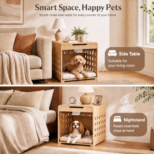 Modern Dog Crate Furniture Wooden Kennel with Charging Station End Table, view 4