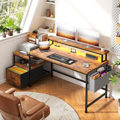 57" Office Desk with Drawers & Printer Space for Home Work,Brown, view 2