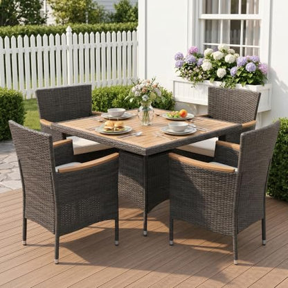 5-Pieces Patio Table and Chairs Set, Rattan Patio Table Set with Acacia Wood Tabletop, Patio Outdoor Dining Set for 4, Patio Furniture Set with Cushions for Deck Garden Backyard, Grey