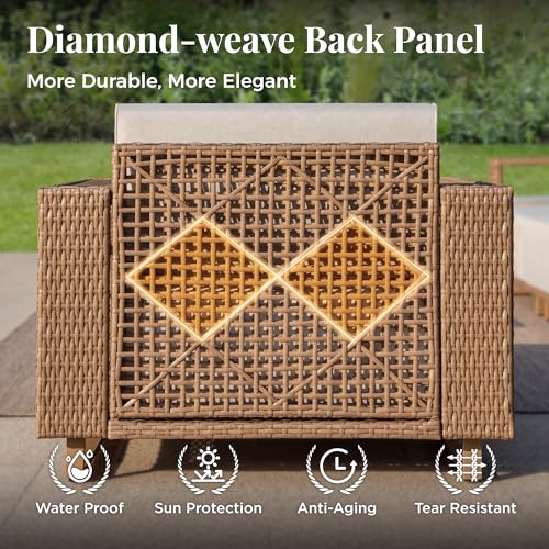 4 Pcs Outdoor Patio Furniture Set, Yellow Rattan Wicker Modular Couch Chairs, 2 Rattan Single Sofa, 2 Ottomans with 10" Extra Thick Cushions, Low Profile Lawn Garden Deck Furniture