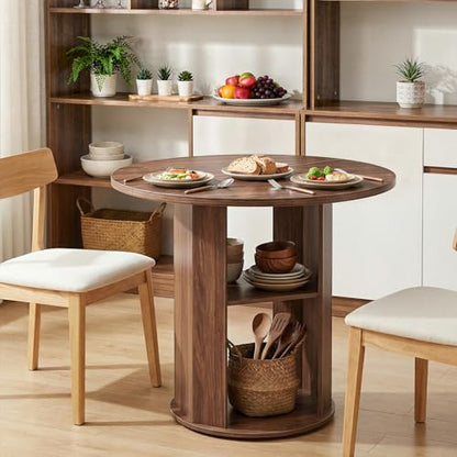 31.5" Round Dining Table with Storage Shelf for 2-3, Circle Kitchen Dinner Table with Thick Tabletop, for Small Spaces, Circle Nook Table for Kitchen & Dining Room, Walnut DTWA8501