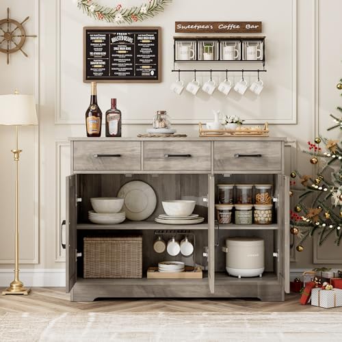 Modern Farmhouse Buffet Sideboard Cabinet, Barn Doors Storage Cabinet with Drawers and Shelves, Wood Coffee Bar with Storage for Dining Room, Kitchen, Living Room, Ash Grey