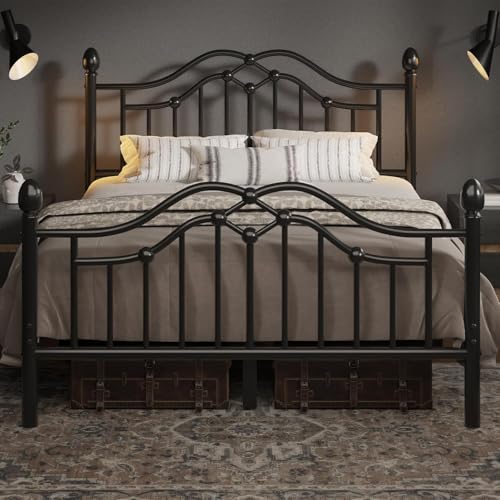 Full Metal Bed Frame with Classical Headboard and Footboard, Black, view 4