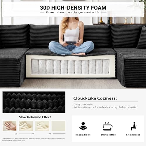 134" Modular Cloud Couch Sectional, U-Shaped Boneless Sleeper Sofa with Side Pockets & Cup Holders, Oversized 4-Seater Modern Deep Seat Corduroy Couch for Living Room, No Assembly Required, Black
